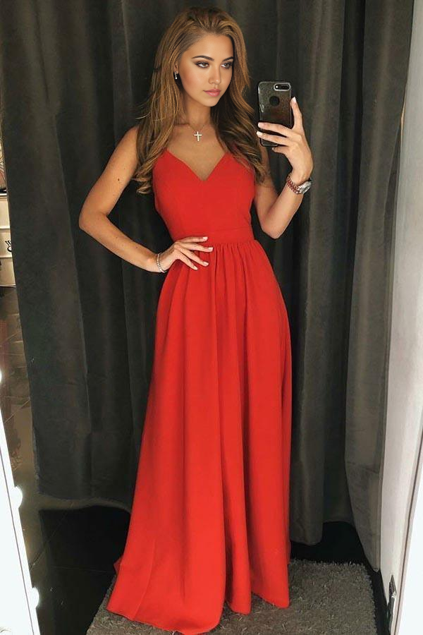 Elegant red satin A-line prom dress with V-neck and backless design.