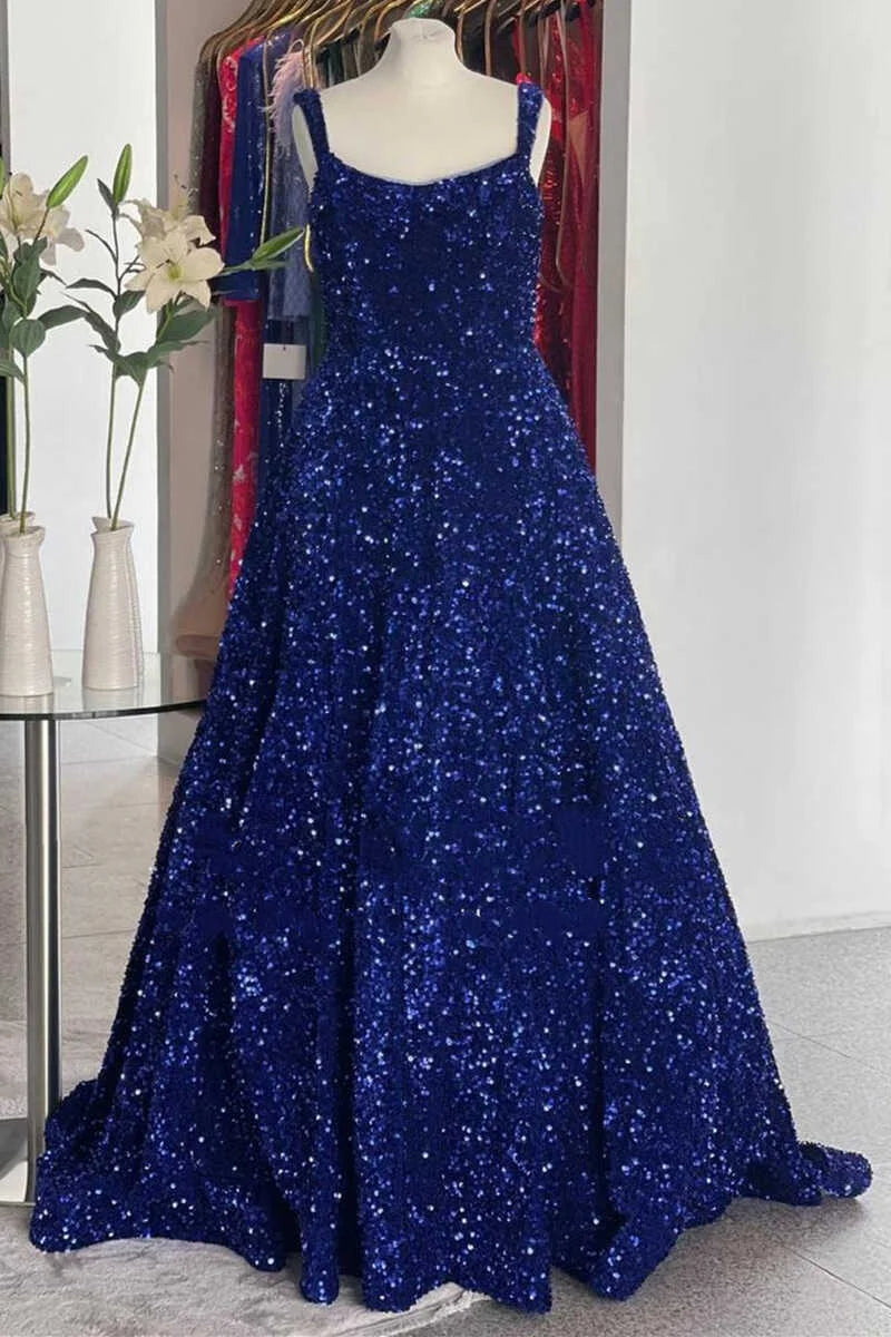 Red sequin A-line long prom dress with square neck and backless design.
