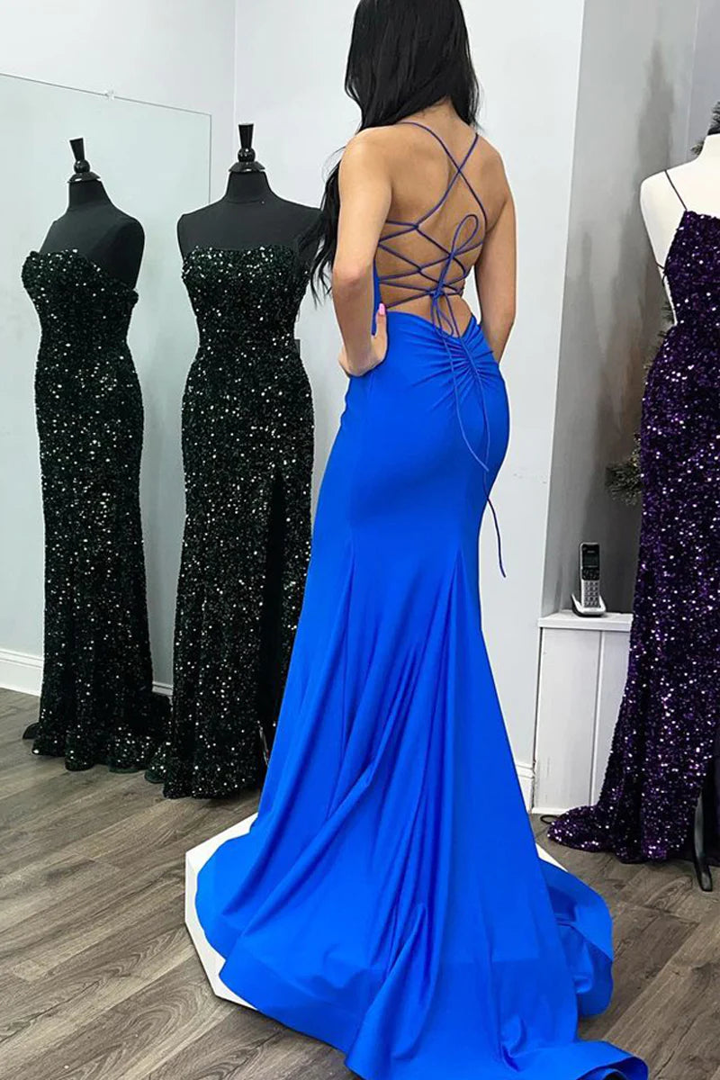 Back view of the royal blue satin mermaid prom dress showing the intricate lace-up detail.