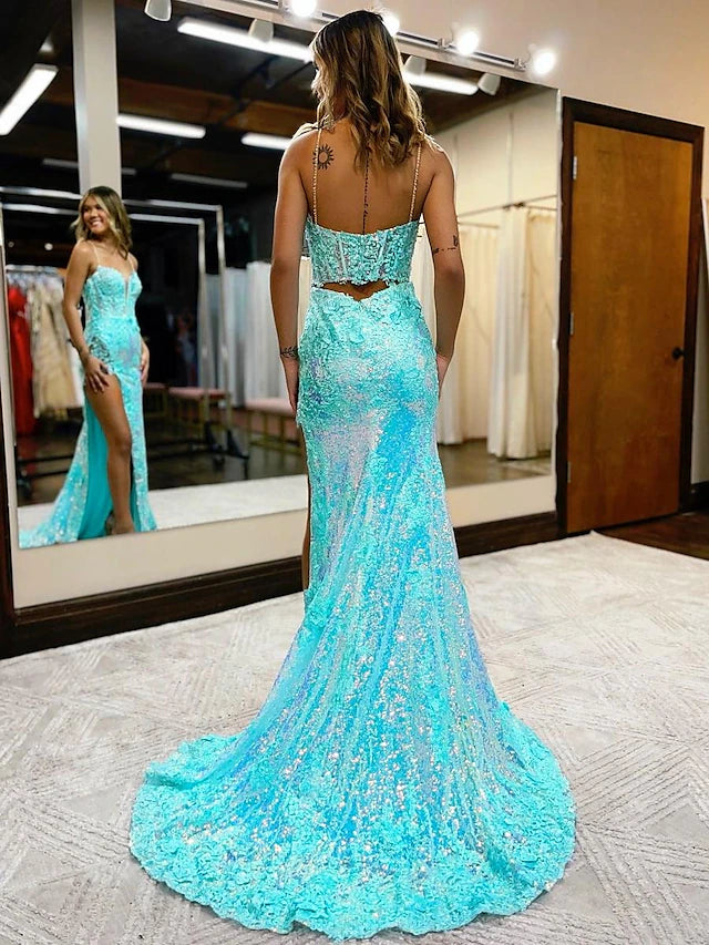 Close-up of sequin and applique details on a formal V-neck dress.