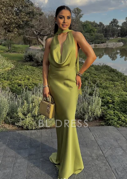 Green satin halter sheath gown, front view, elegant for formal events.