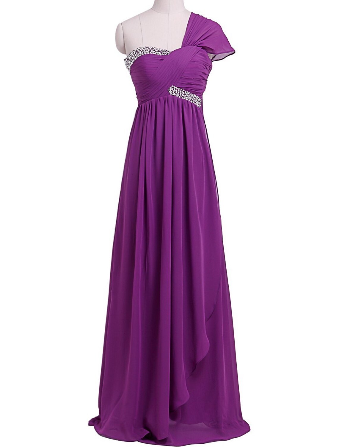 Elegant one-shoulder sheath gown with sequins and pleats.