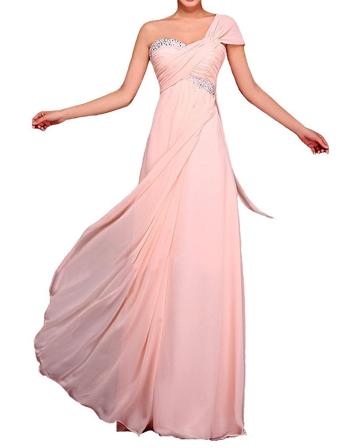 Close-up of the sequin and pleated details on the one-shoulder dress.