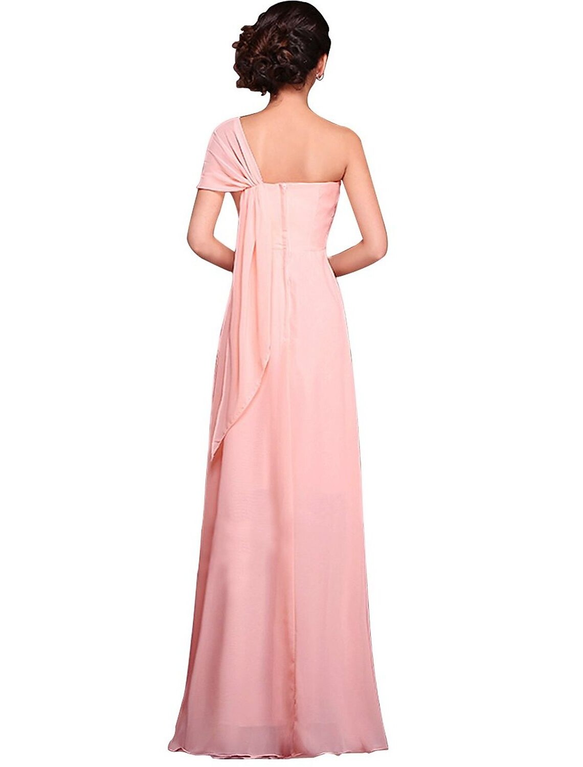 Side view of the floor-length sheath gown, showing its elegant silhouette.