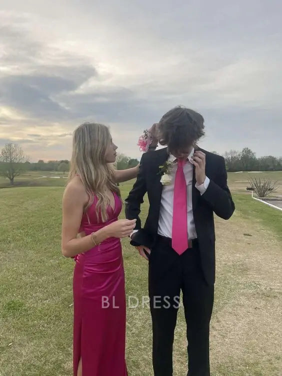 Side view of the hot pink sheath V-neck long formal dress.