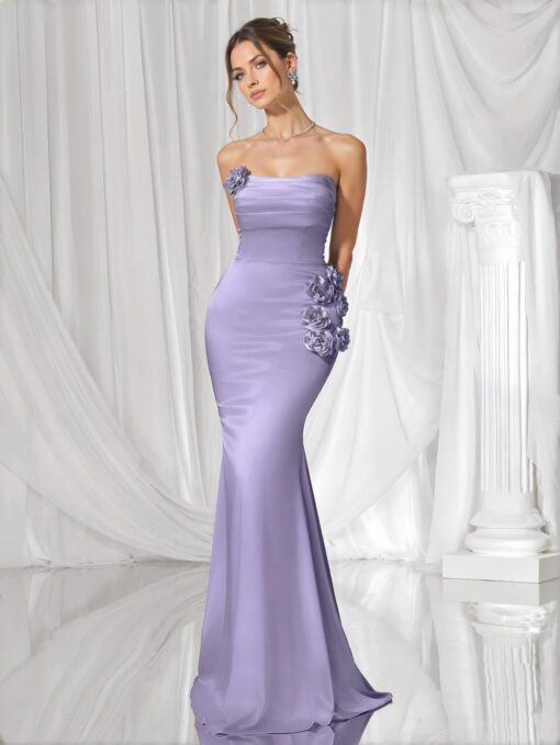 Close-up of the lavender strapless mermaid gown's bodice with handmade floral embellishments.