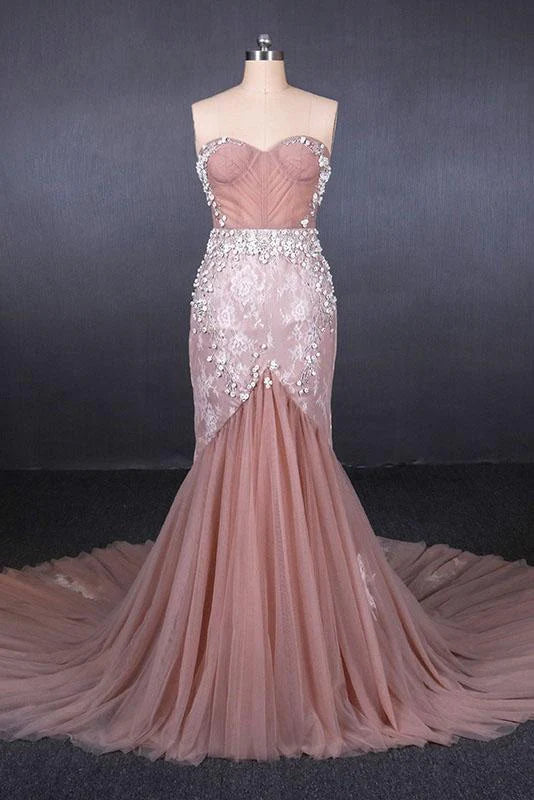 Elegant sweetheart mermaid tulle long prom dress.