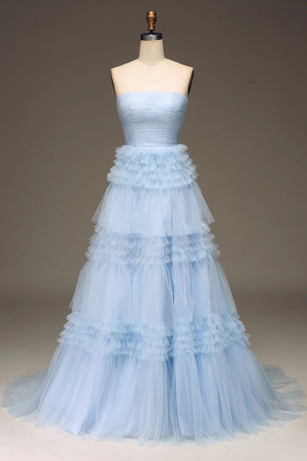 Light blue tulle tiered prom dress with sweetheart neckline and high slit.