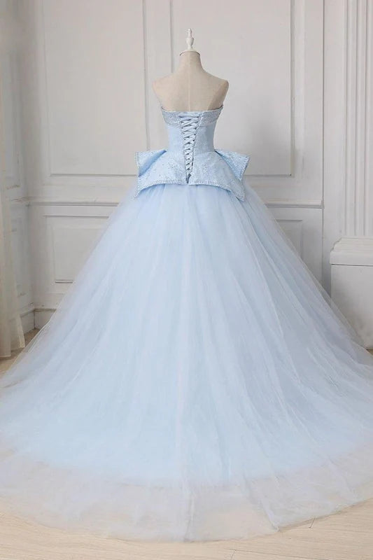 Back view of the beaded sweetheart ball gown, showcasing the sweep train.