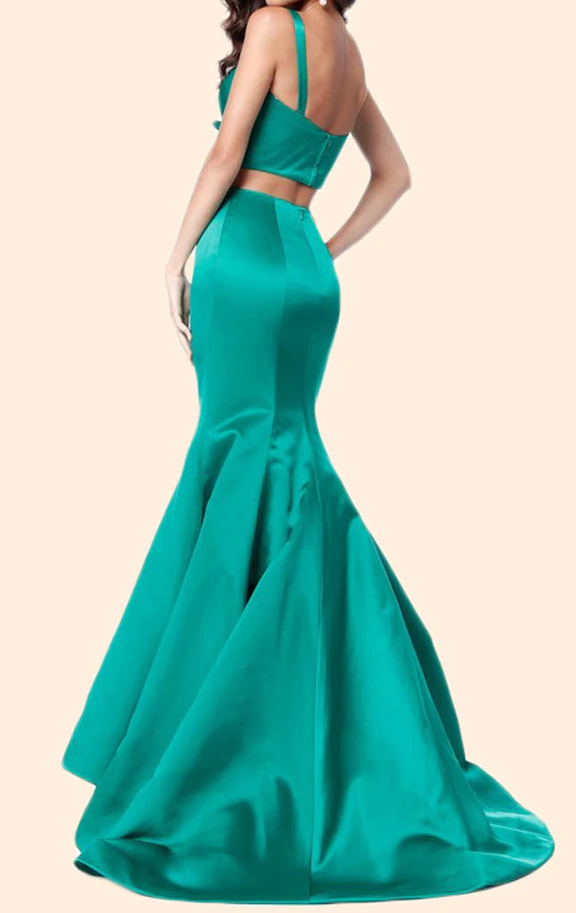 Stylish two-piece satin mermaid long formal gown.