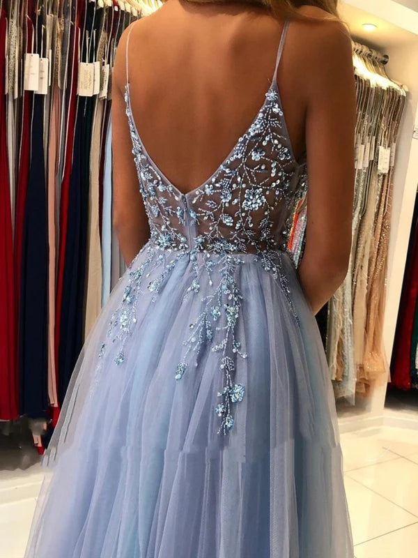 Back view of the V-neck open back prom dress, highlighting the open back design.