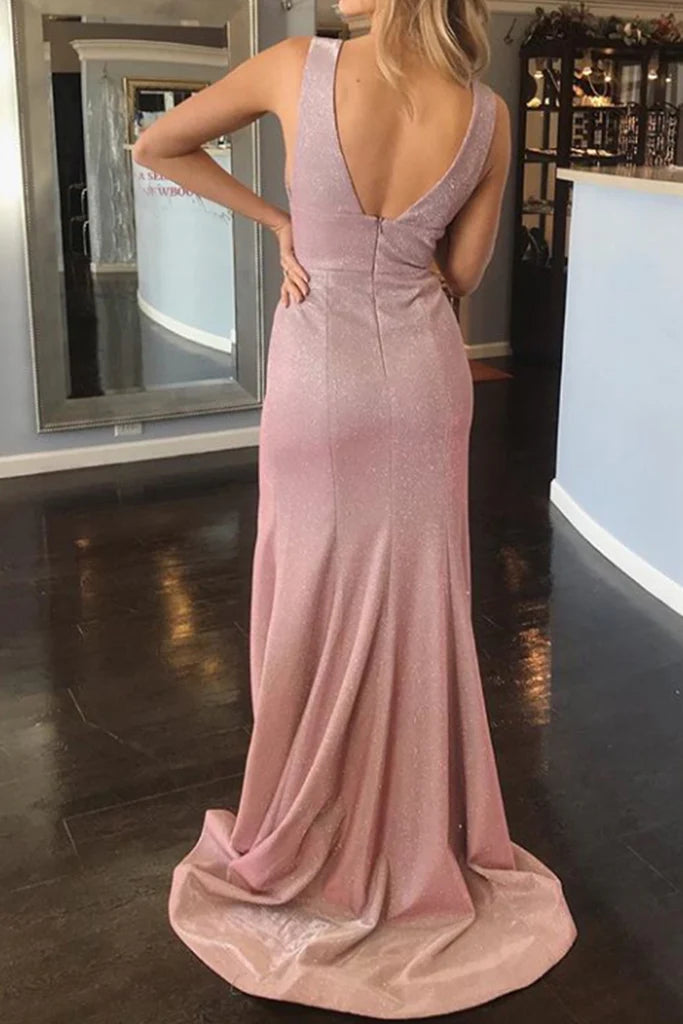 Side view of the V-neck sheath prom dress, highlighting the straps and slit.