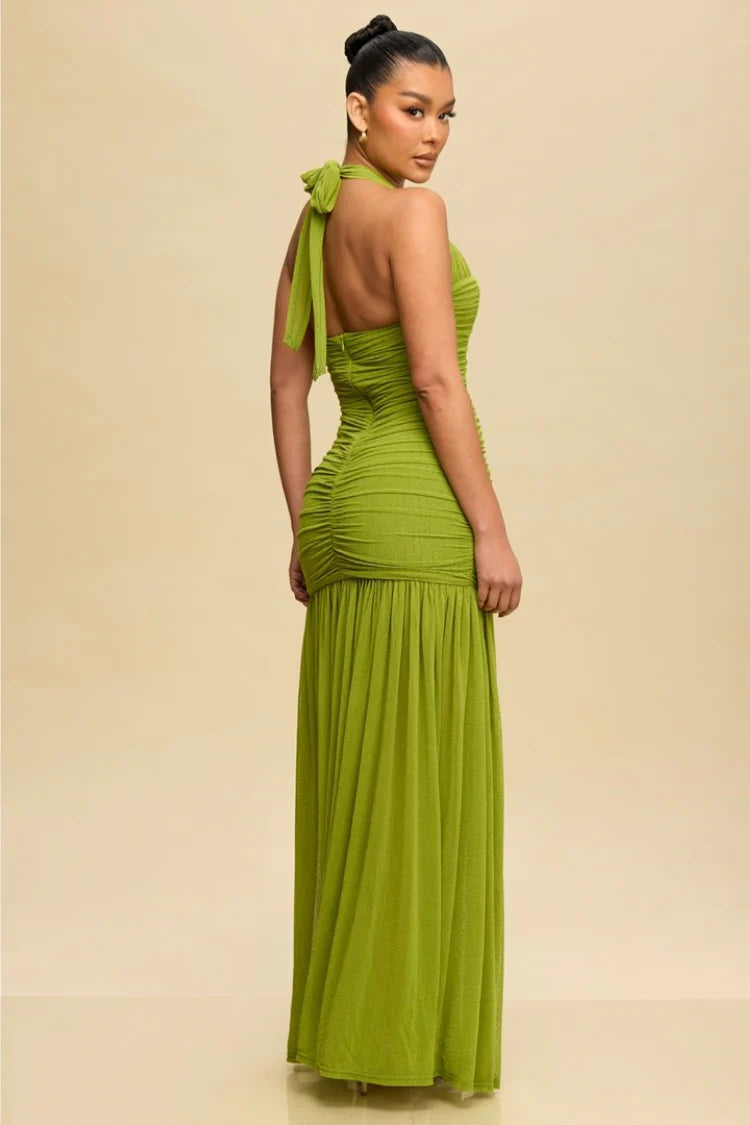 Stunning Form Fitting Halter Neck Sleeveless Open Back Ruched Maxi Prom Dress with Slit for Formal Events