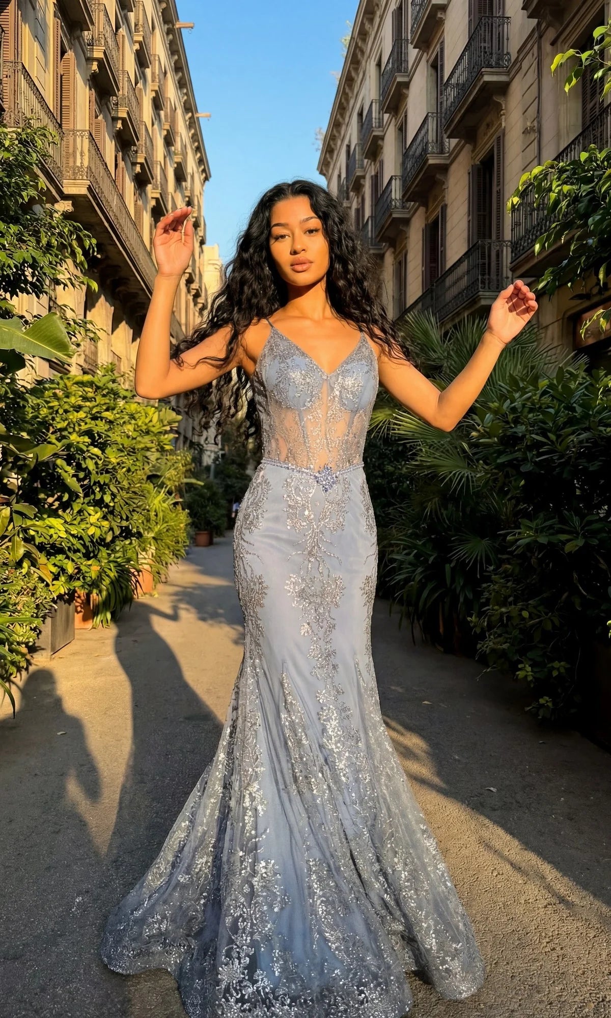 Stunning Mermaid V Neck Spaghetti Strap Corset Sheer Sequin Embroidered Tulle Maxi Prom Dress for Formal Events
