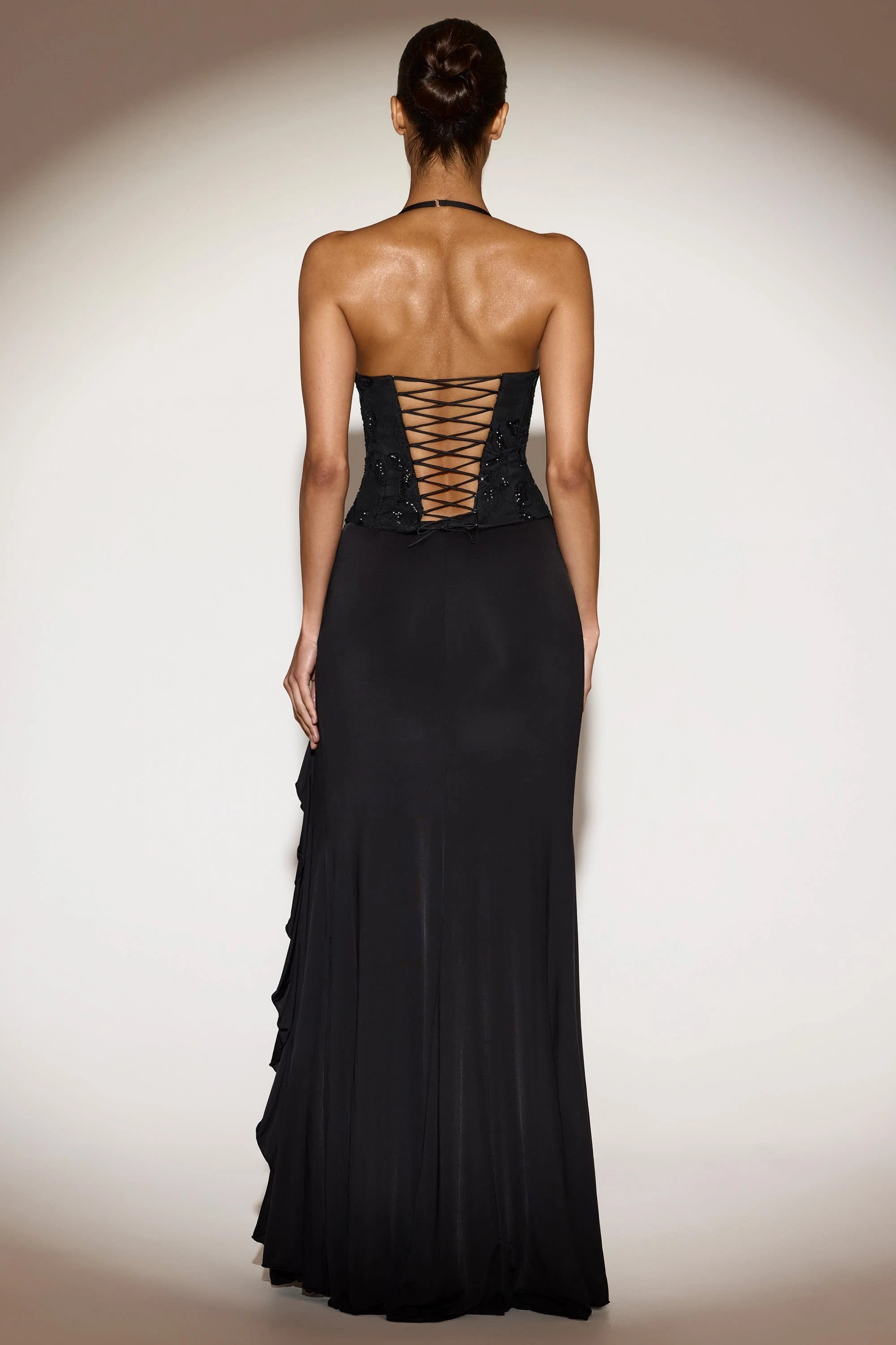 Stunning A-Line Halter Cowl Neck Sequin Bodice High Slit Black Floor-Length Prom Dress