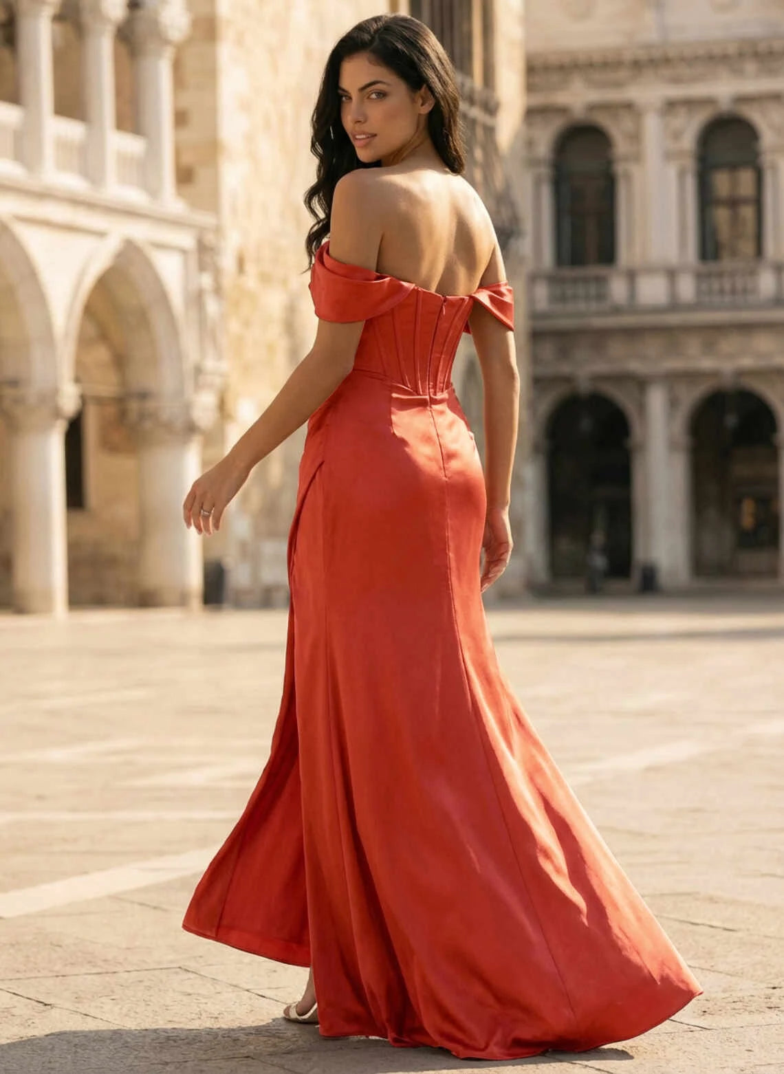 Stunning A-Line Off-Shoulder Corset High Slit Terracotta Long Prom Dress Gown