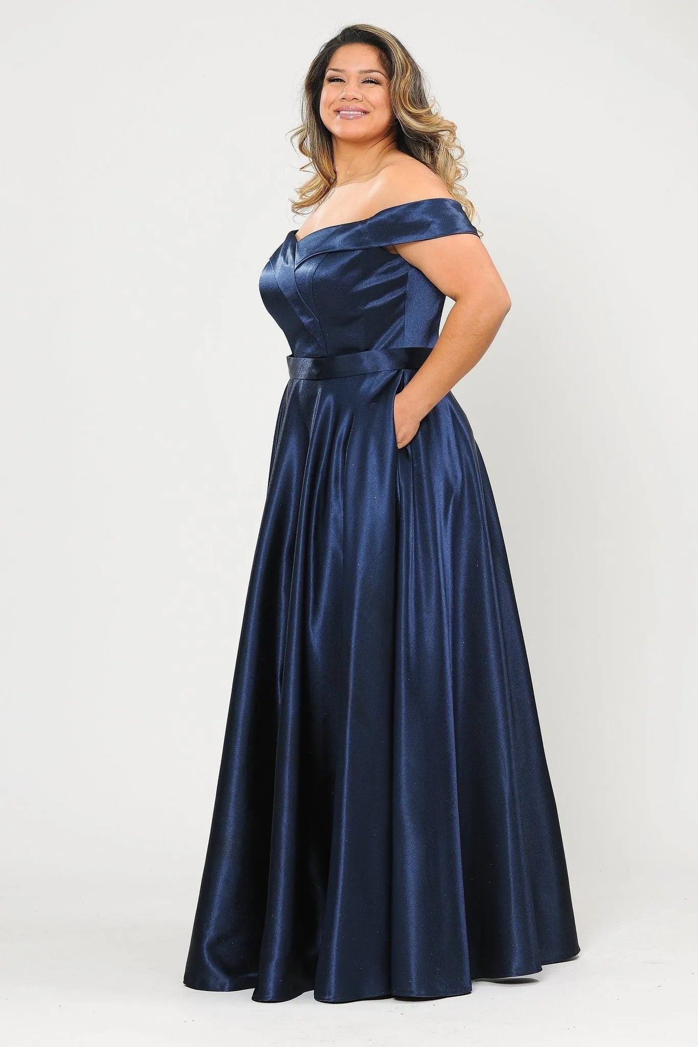 Stunning A-Line Off-Shoulder Formal Chic Navy Blue Floor-Length Prom Dress Gown