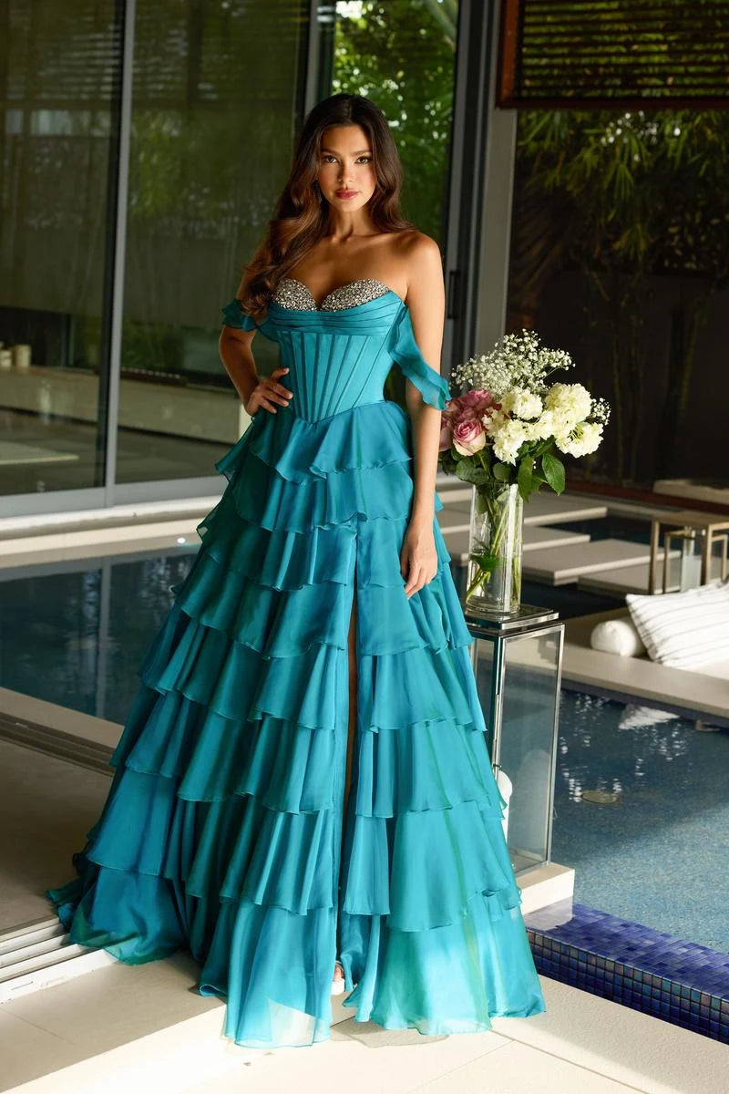 Stunning A-Line Off-Shoulder Ruffled Beaded Teal Floor-Length Women's Prom Dresses Gown