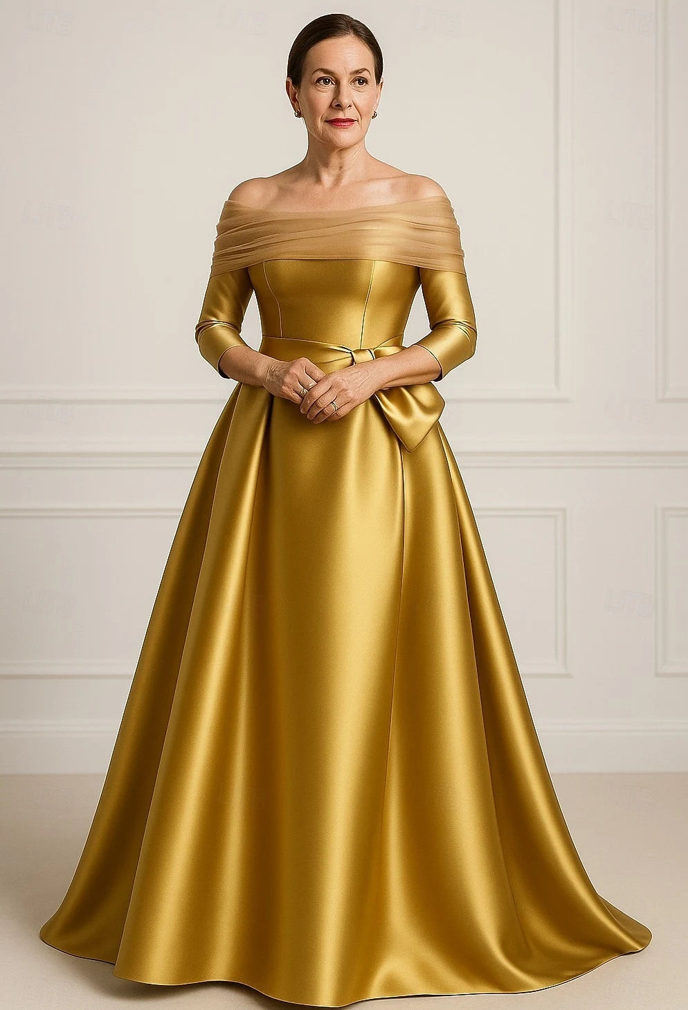 Stunning A-Line Off-Shoulder Three-Quarter Sleeve Bow Golden Floor-Length Prom Dresses Gown