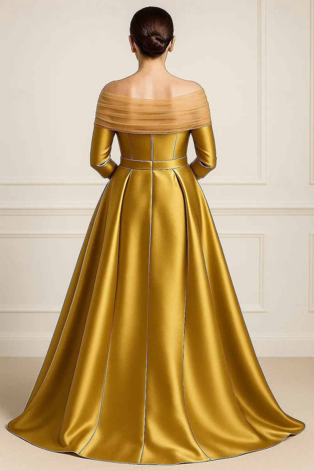 Stunning A-Line Off-Shoulder Three-Quarter Sleeve Bow Golden Floor-Length Prom Dresses Gown