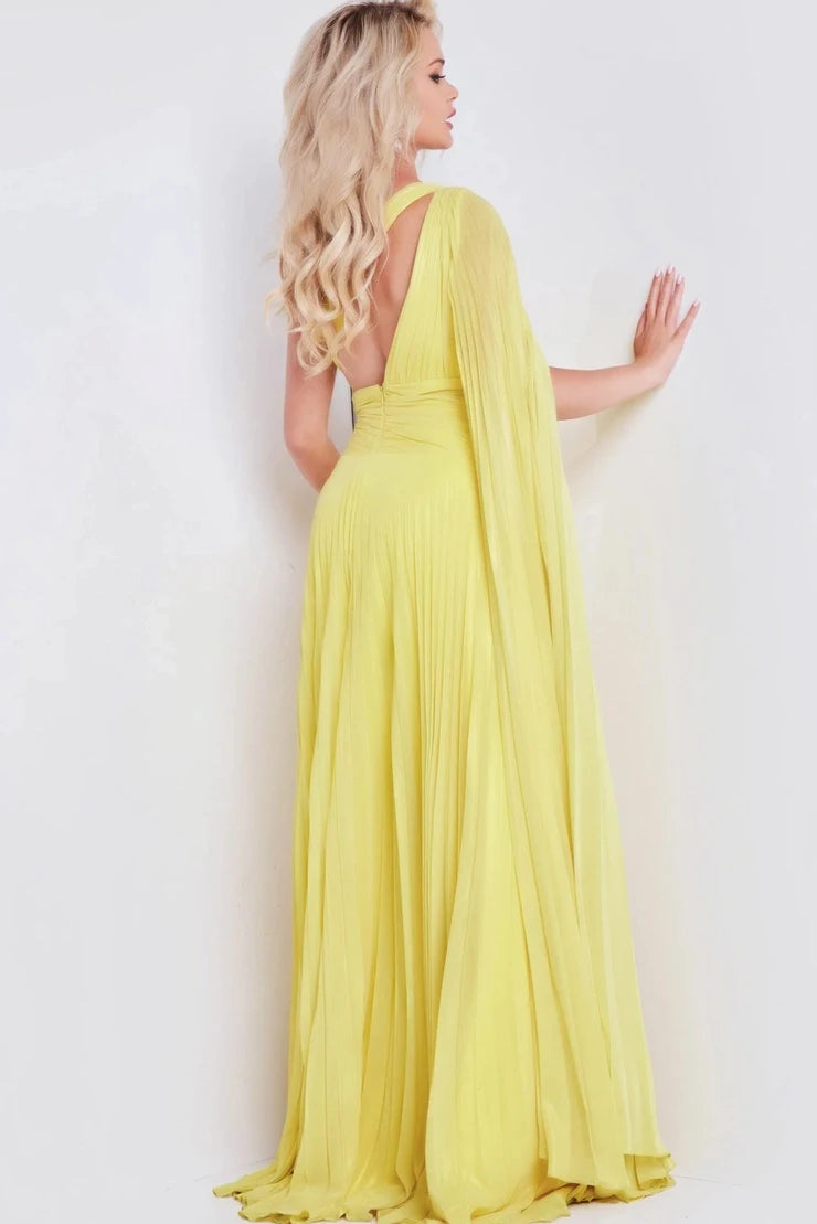 Stunning A-Line One-Shoulder Cape Pleated Slit Yellow Long Prom Dresses Gown