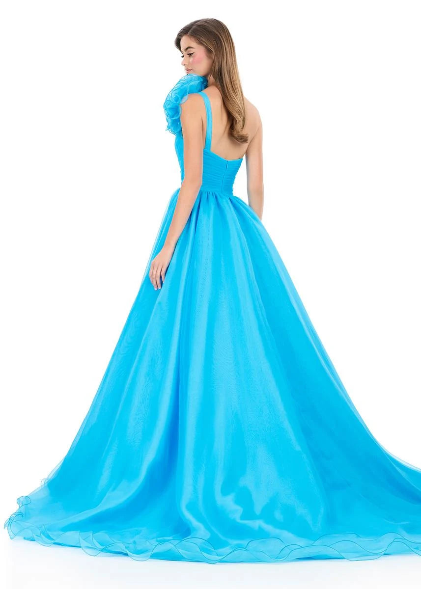 Stunning A-Line One-Shoulder Ruffled High Slit Aqua Floor-Length Prom Dress
