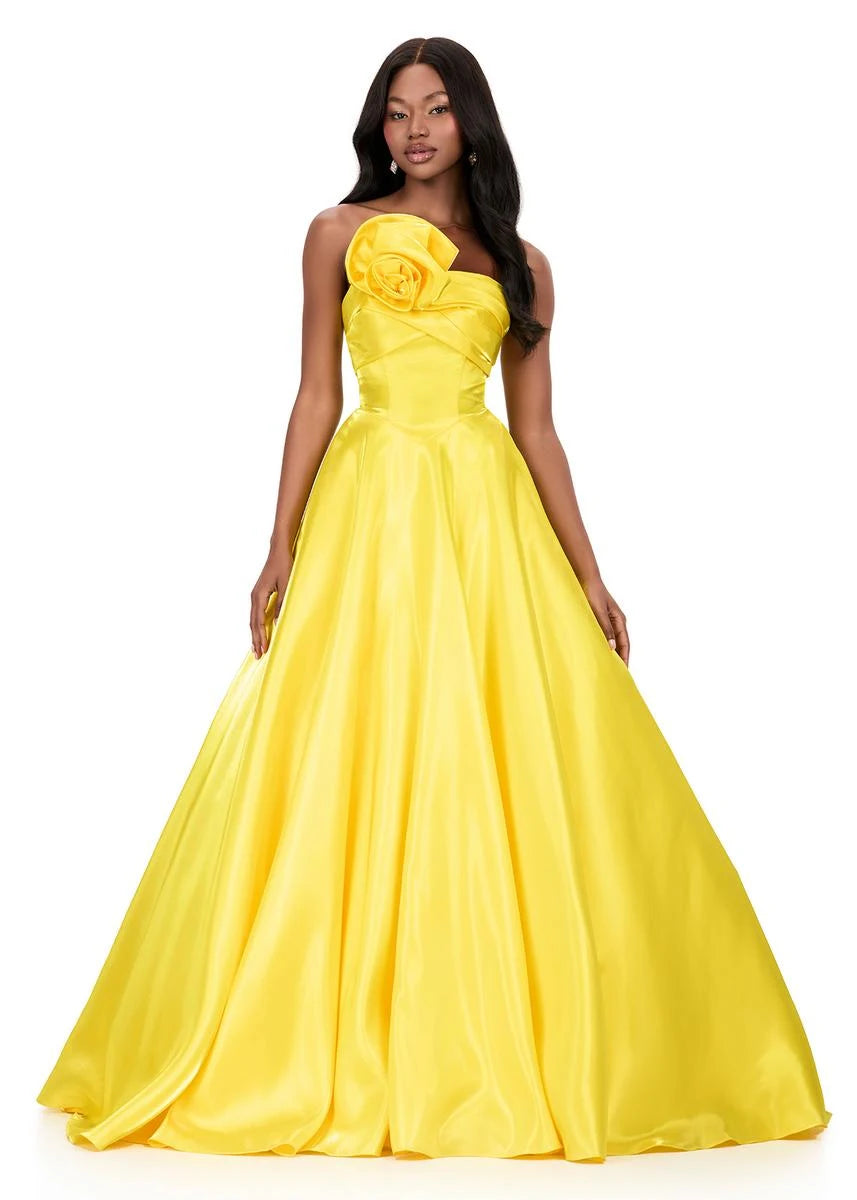 Stunning A-Line One-Shoulder Sleeveless Floral Yellow Floor-Length Prom Gown For Women