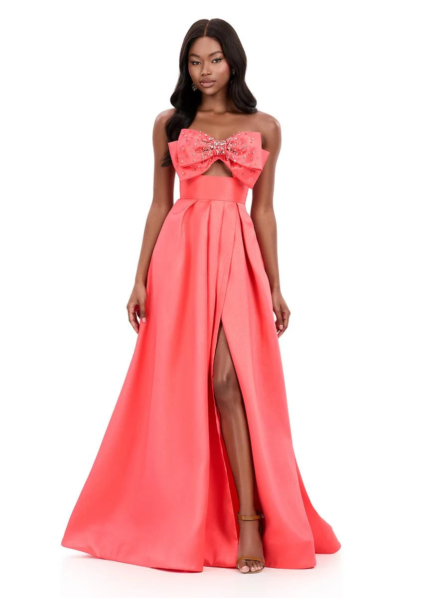 Stunning A-Line Strapless Beaded Bow High Slit Coral Floor-Length Prom Dress