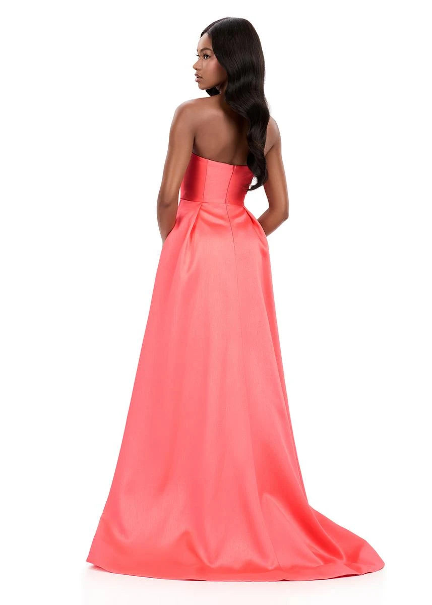 Stunning A-Line Strapless Beaded Bow High Slit Coral Floor-Length Prom Dress