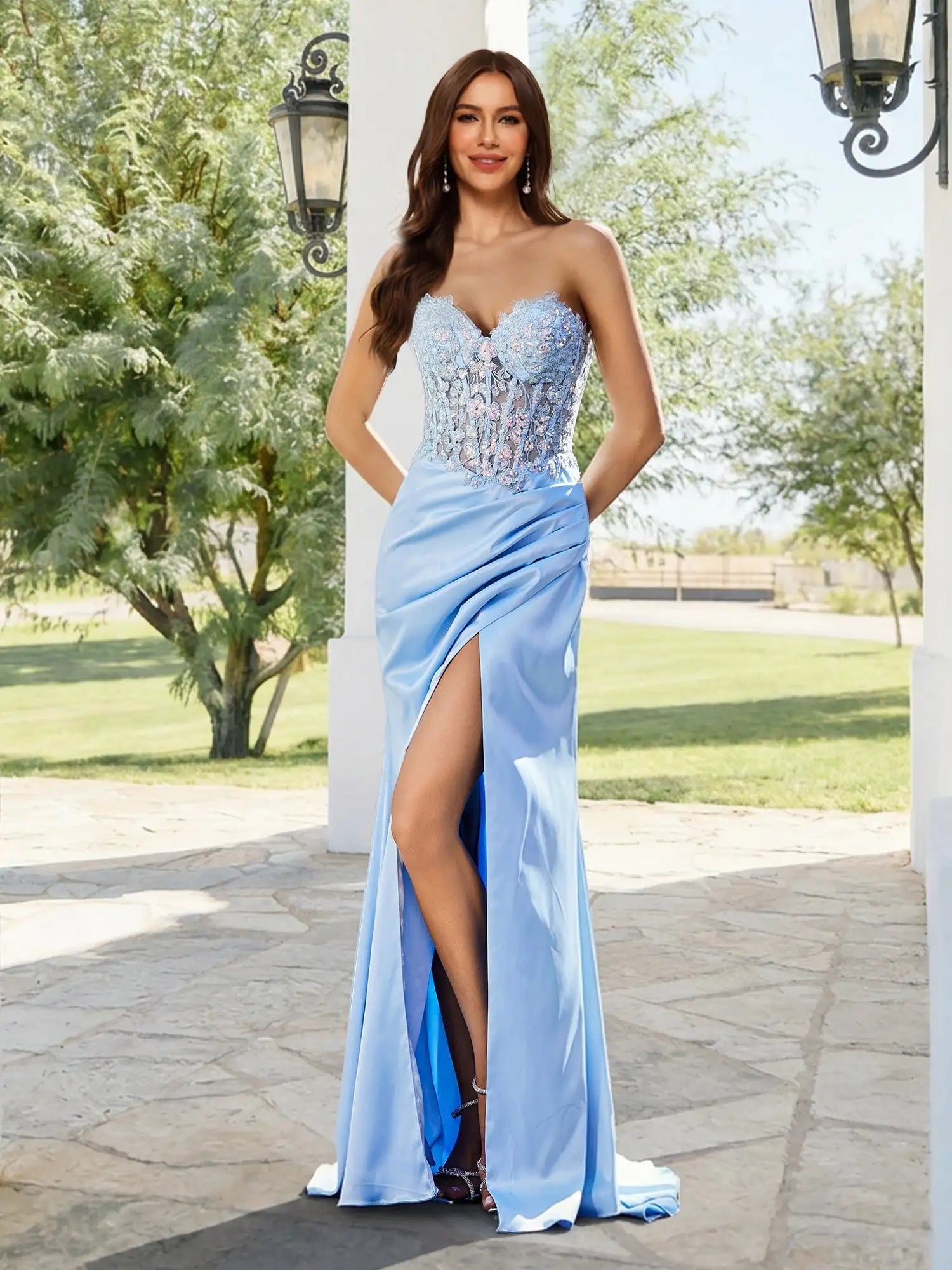 Stunning A-Line Strapless Beaded High-Slit Light Blue Floor-Length Prom Dress