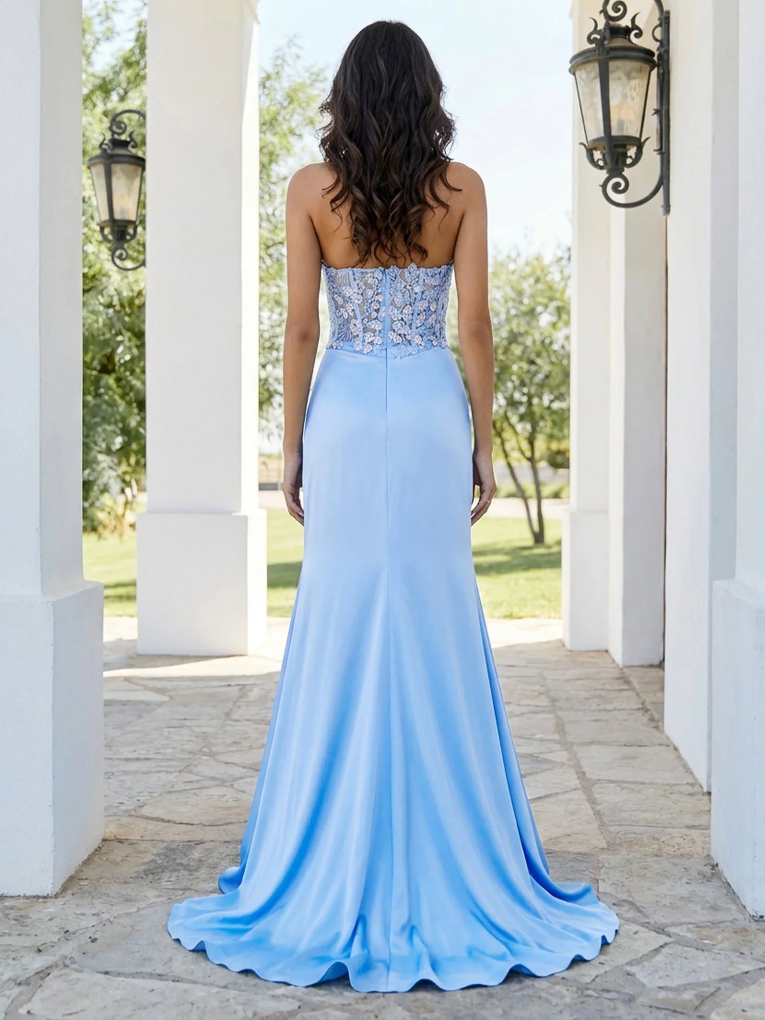 Stunning A-Line Strapless Beaded High-Slit Light Blue Floor-Length Prom Dress