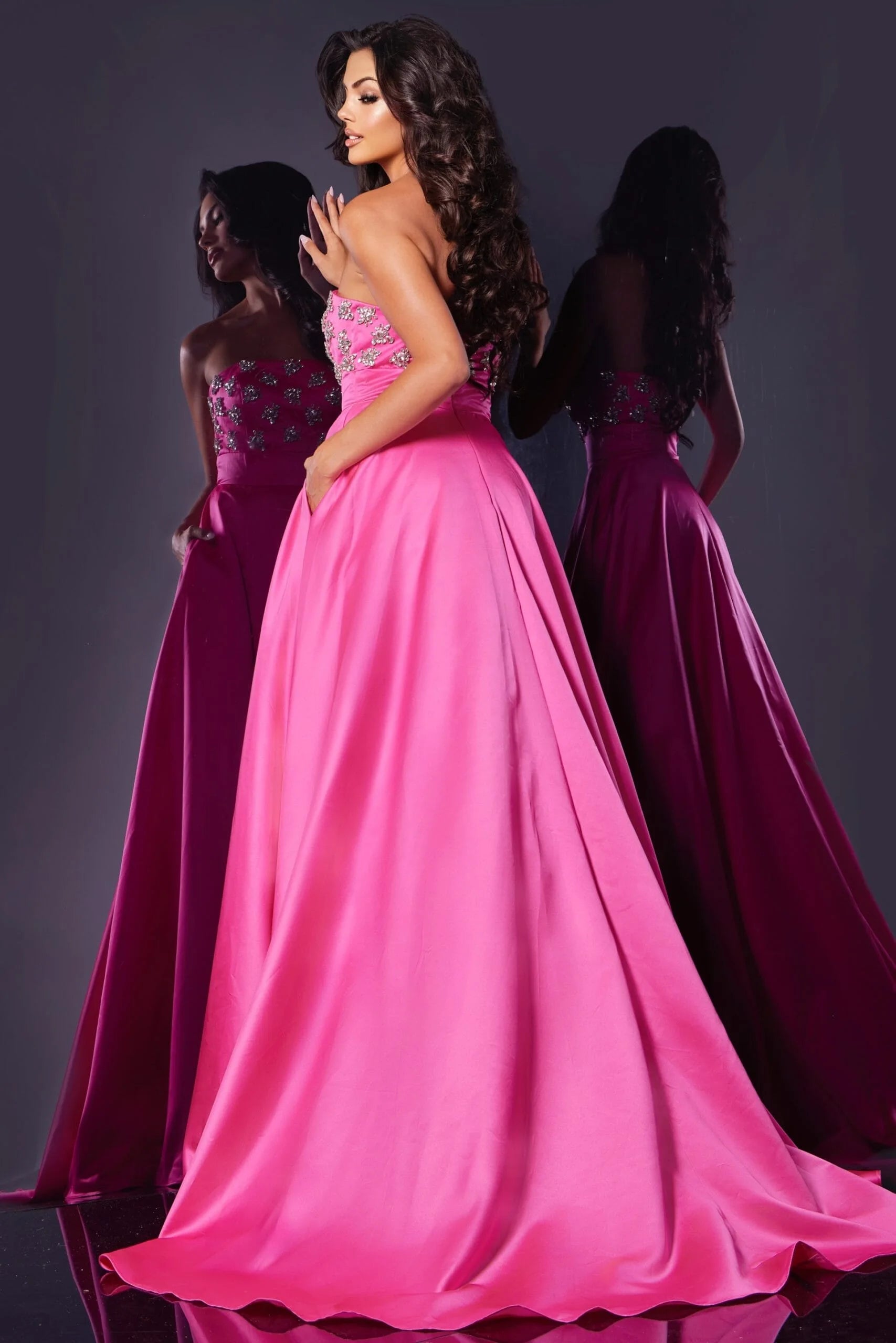 Stunning A-Line Strapless Beaded High Slit Hot Pink Floor-Length Prom Dress