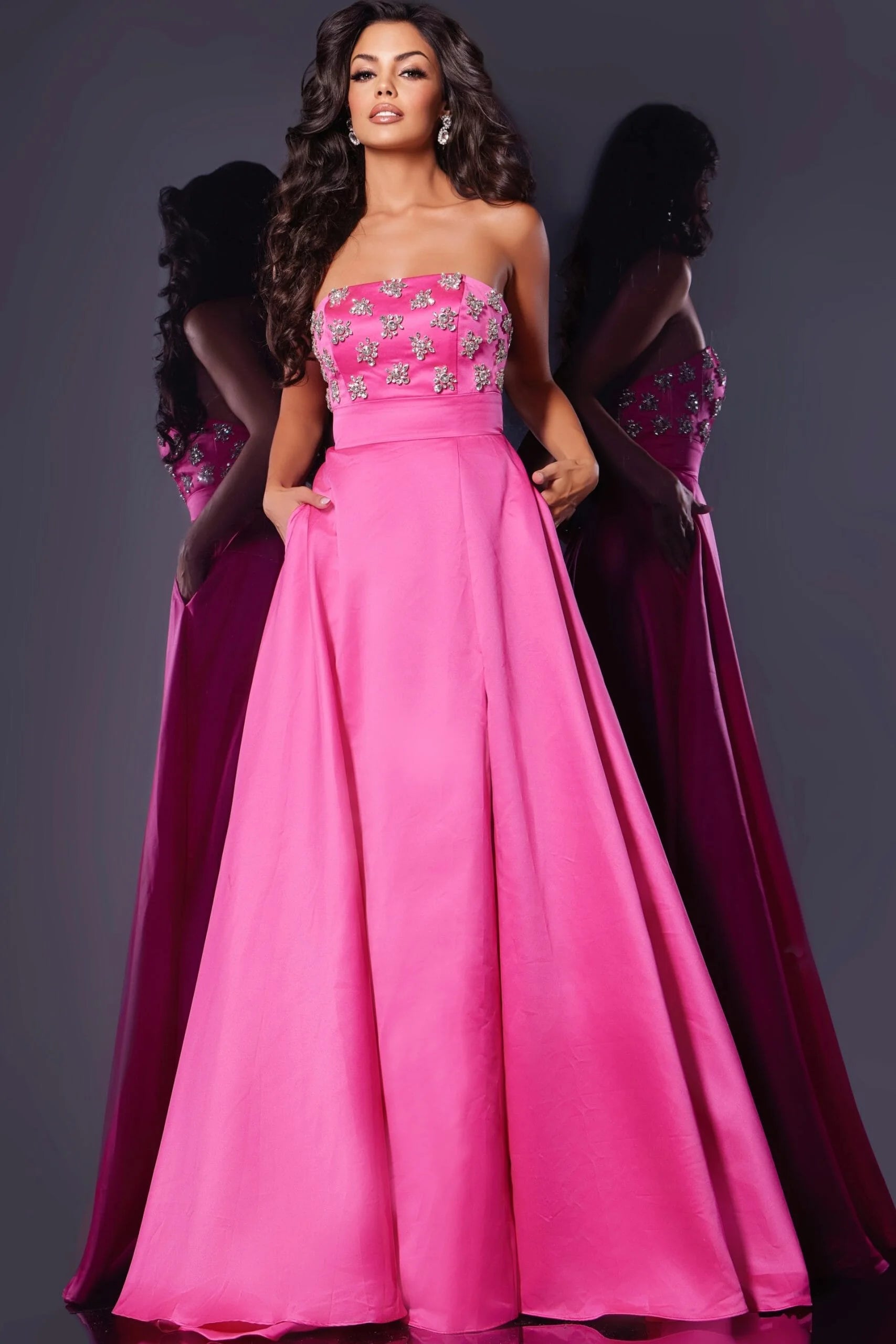 Stunning A-Line Strapless Beaded High Slit Hot Pink Floor-Length Prom Dress