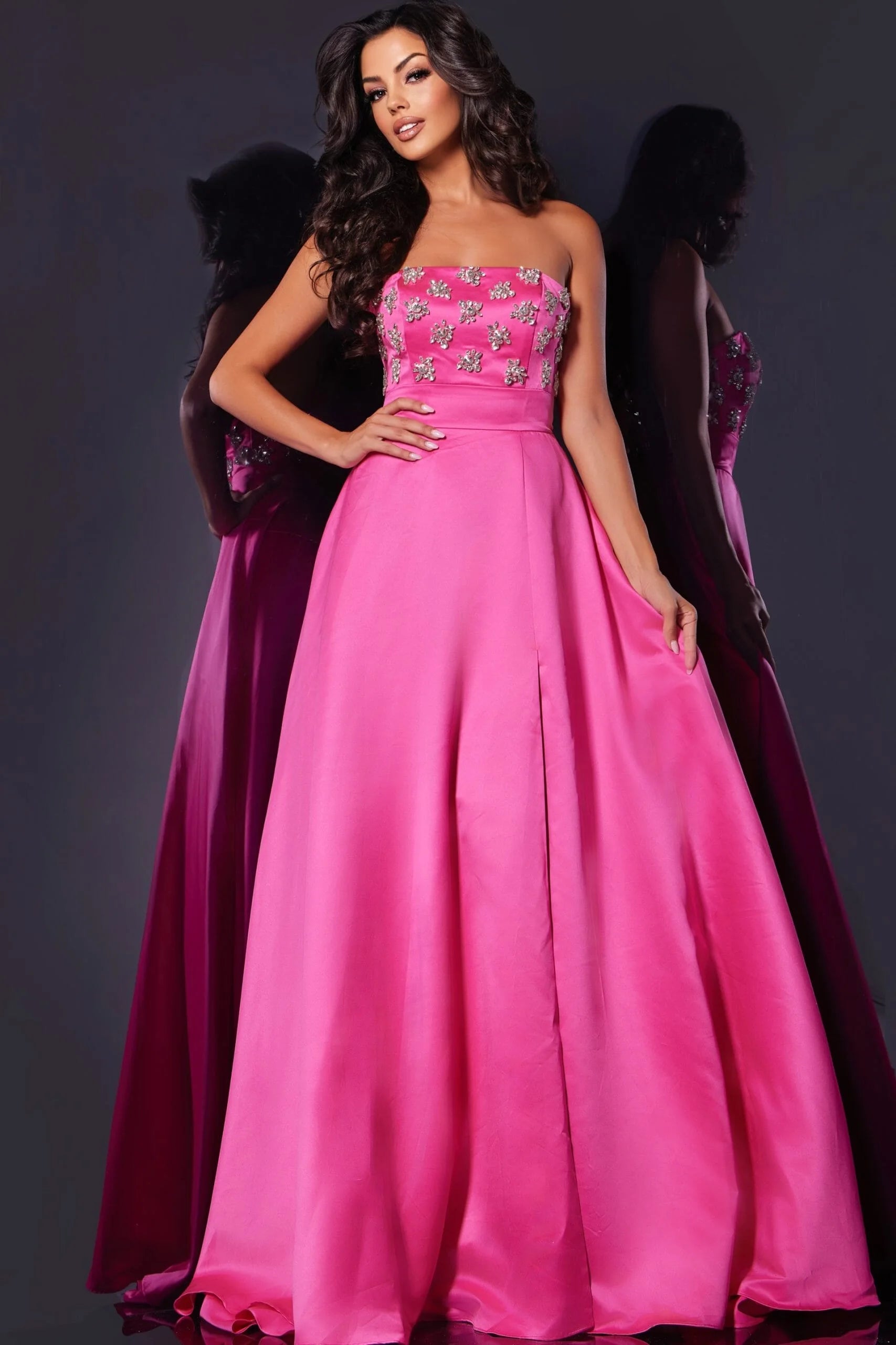Stunning A-Line Strapless Beaded High Slit Hot Pink Floor-Length Prom Dress