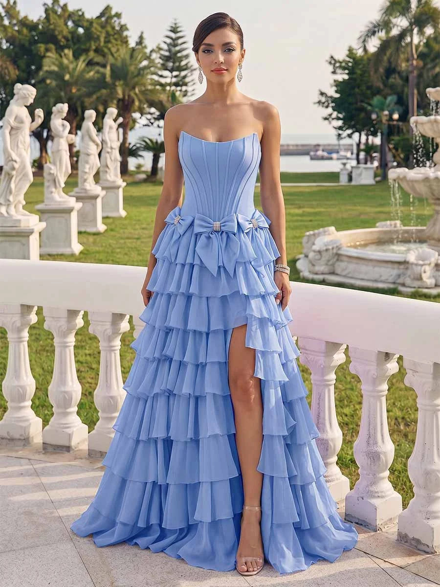 Stunning A-Line Strapless Corset Bow Ruffled Light Blue Prom Dress
