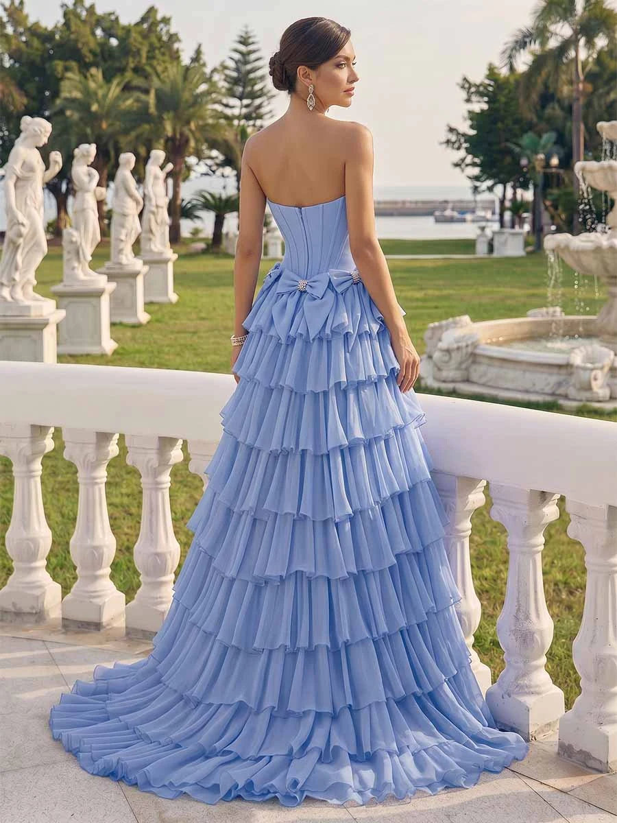 Stunning A-Line Strapless Corset Bow Ruffled Light Blue Prom Dress