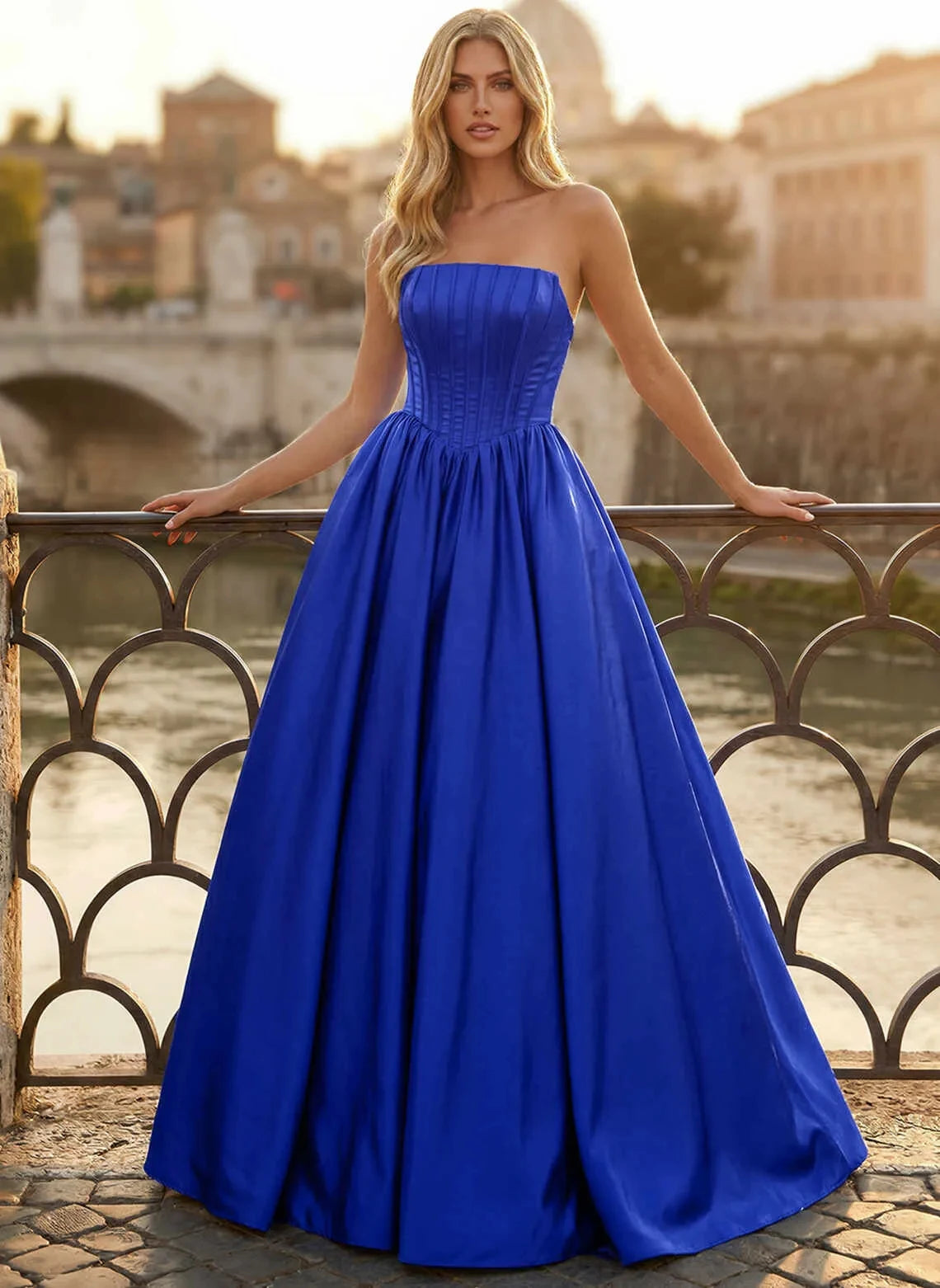Stunning A-Line Strapless Pleated Corset Royal Blue Floor-Length Prom Gown