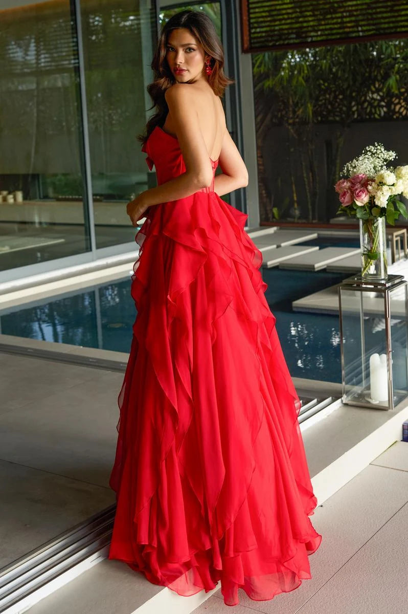 Stunning A-Line Strapless Ruffled Chic Red Floor-Length Prom Dresses Women's Gown