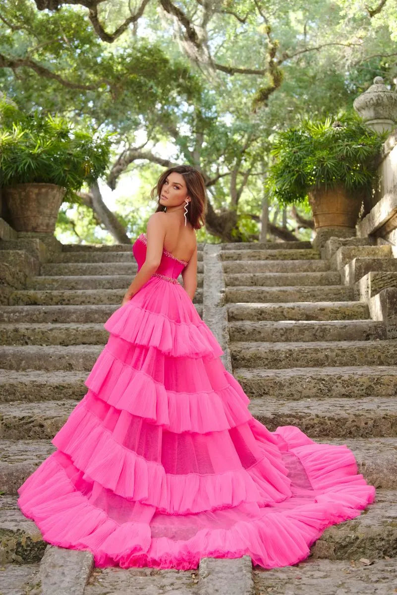 Stunning A-Line Strapless Sweetheart Tiered Hot Pink Floor-Length Prom Gown
