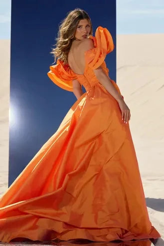Stunning A-Line Sweetheart Short-Sleeve Slit Bow Orange Long Prom Dresses Gown
