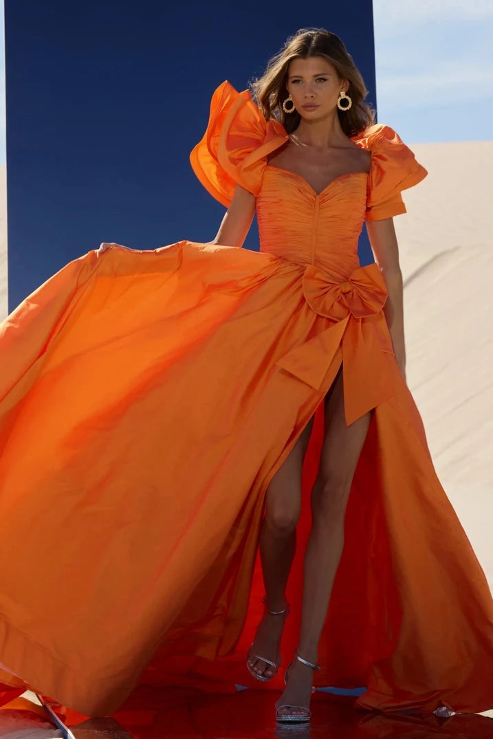 Stunning A-Line Sweetheart Short-Sleeve Slit Bow Orange Long Prom Dresses Gown