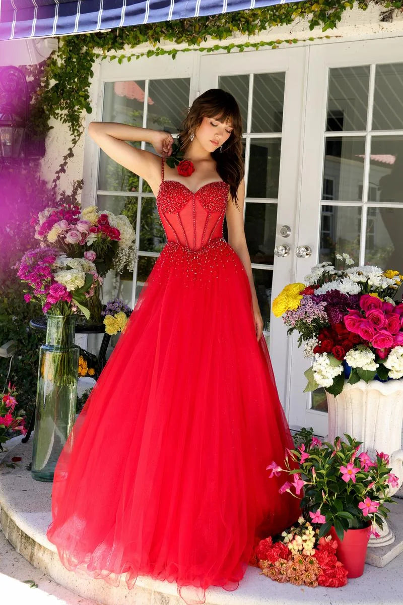 Stunning A-Line Sweetheart Sleeveless Beaded Corset Sparkle Red Floor-Length Prom Gown
