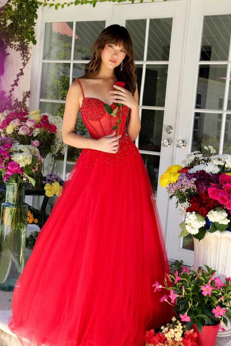 Stunning A-Line Sweetheart Sleeveless Beaded Corset Sparkle Red Floor-Length Prom Gown
