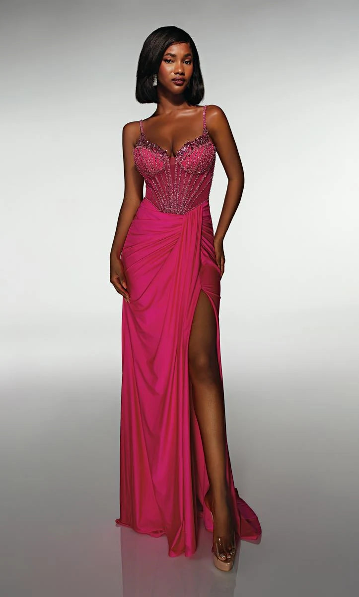 Stunning A-Line Sweetheart Sleeveless Beaded Slit Hot Pink Floor-Length Prom Gown