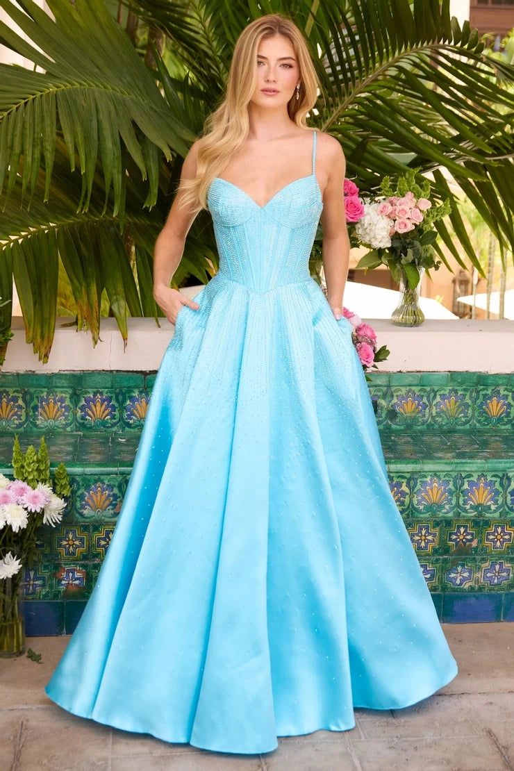 Stunning A-Line Sweetheart Sleeveless Corset Sparkly Blue Floor-Length Prom Dresses Women