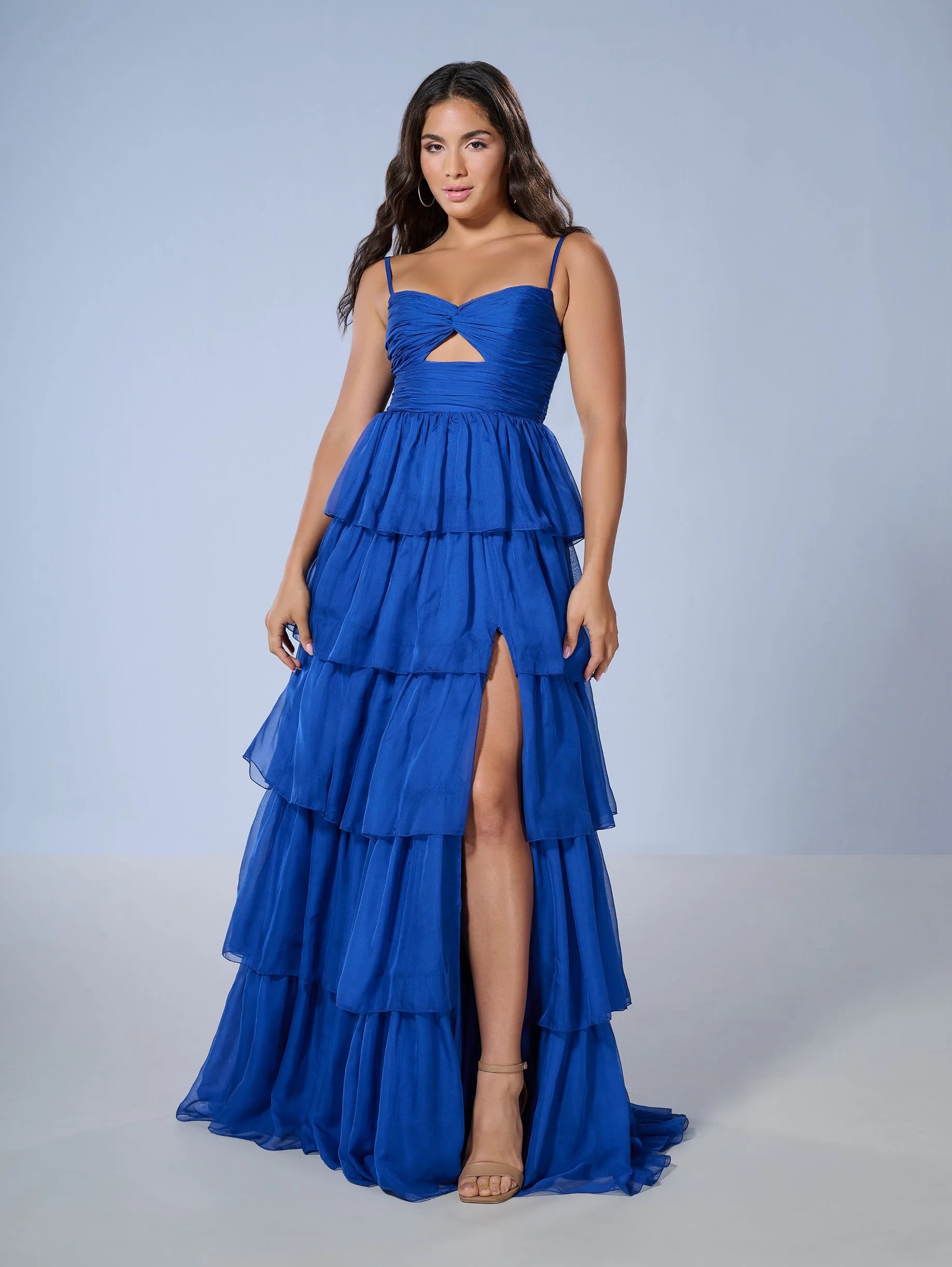 Stunning A-Line Sweetheart Sleeveless Cutout Ruffled Royal Blue Floor-Length Prom Gown