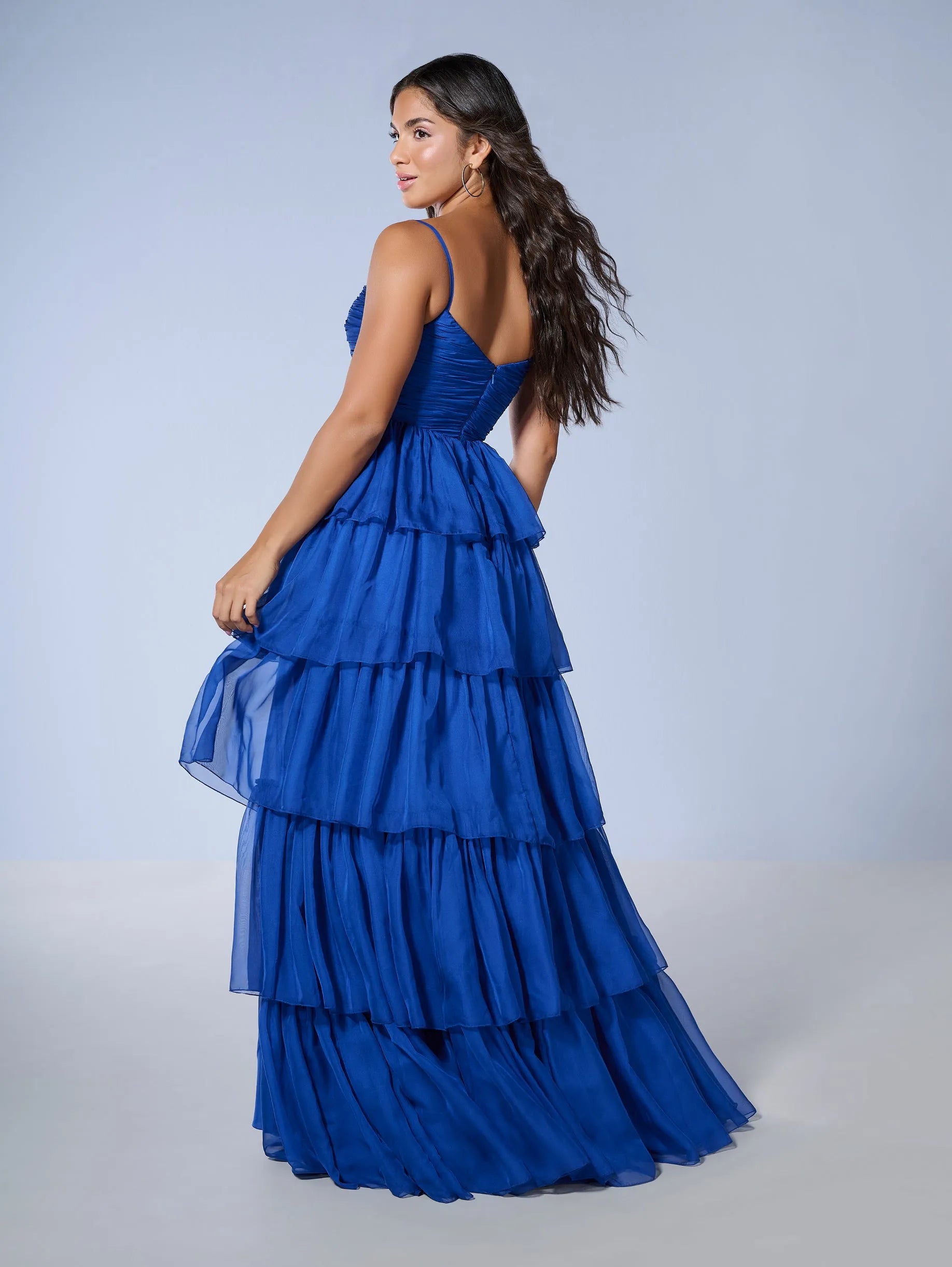 Stunning A-Line Sweetheart Sleeveless Cutout Ruffled Royal Blue Floor-Length Prom Gown