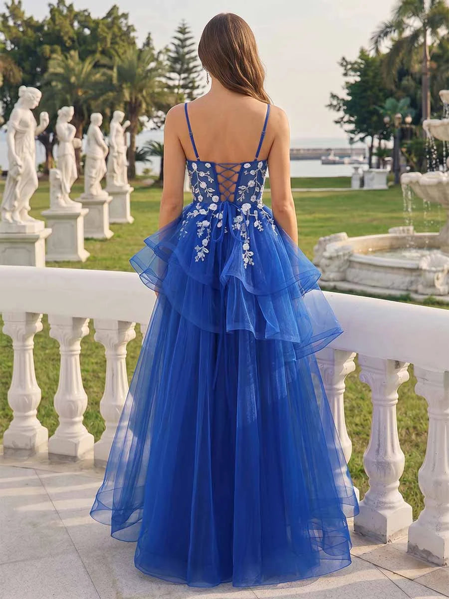 Stunning A-Line Sweetheart Sleeveless Embroidered Tiered Royal Blue Floor-Length Prom Gown