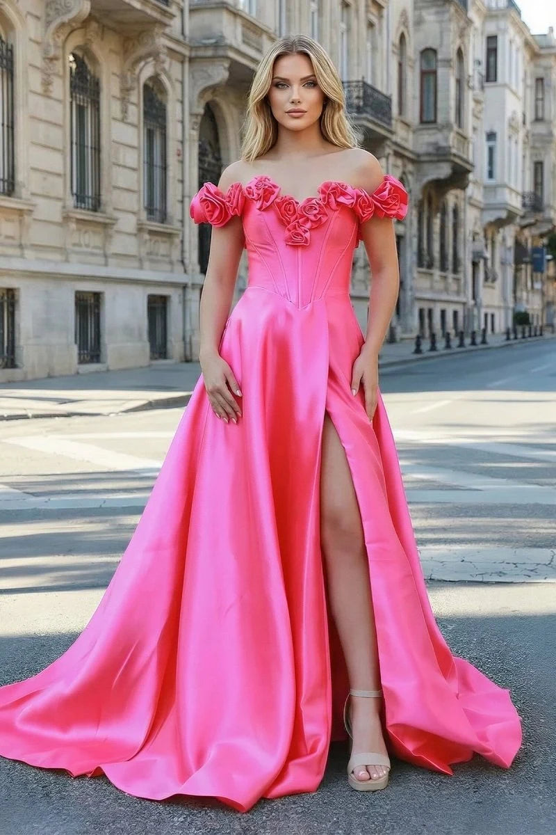 Stunning A-Line Sweetheart Sleeveless Rosette Slit Pink Long Prom Dresses Women Gown