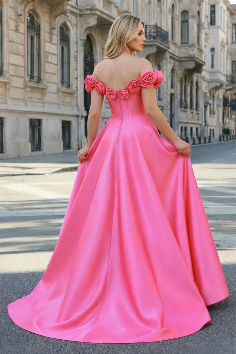 Stunning A-Line Sweetheart Sleeveless Rosette Slit Pink Long Prom Dresses Women Gown